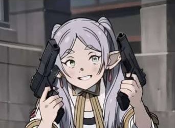 Frieren con pistolas (Frieren de la serie Sousou no Frieren sosteniendo pistolas )